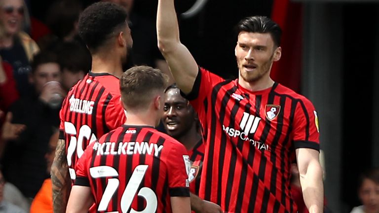 Kieffer Moore celebrates after opening the scoring for Bournemouth against Millwall
