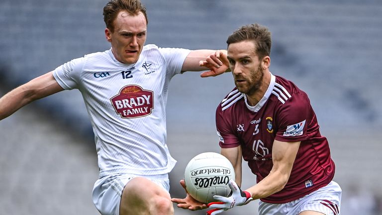 15 May 2022; Kevin Maguire of Westmeath in action against Paul Cribbin of Kildare during the Leinster GAA Football Senior Championship Semi-Final match between Kildare and Westmeath at Croke Park in Dublin. Photo by Piaras .. M..dheach/Sportsfile