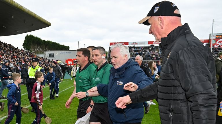 1 May 2022; Referee Colm Lyons leaves the pitch followed by Kilkenny manager Brian Cody after the Leinster GAA Hurling Senior Championship Round 3 match between Galway and Kilkenny at Pearse Stadium in Galway. Photo by Brendan Moran/Sportsfile