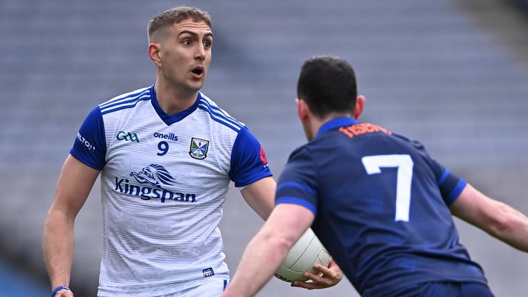 2 April 2022; Killian Clarke of Cavan in action against Tommy Maher of Tipperary during the Allianz Football League Division 4 Final match between Cavan and Tipperary at Croke Park in Dublin. Photo by Piaras .. M..dheach/Sportsfile