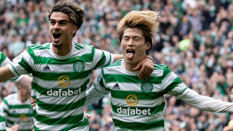 Kyogo Furuhashi celebrates after giving Celtic a 2-1 leads against Hearts
