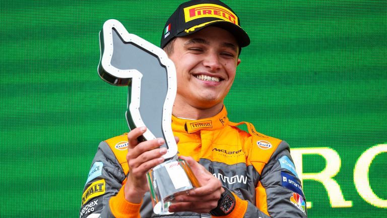 Lando Norris celebrates finishing third at the Emilia Romagna GP