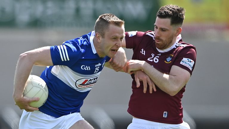 29 May 2022; Paul Kingston of Laois in action against James Dolan of Westmeath during the Tailteann Cup Round 1 match between Laois and Westmeath at MW Hire O'Moore Park in Portlaoise, Laois. Photo by Piaras .. M..dheach/Sportsfile