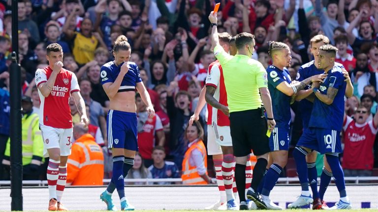 Luke Ayling is sent off at the Emirates