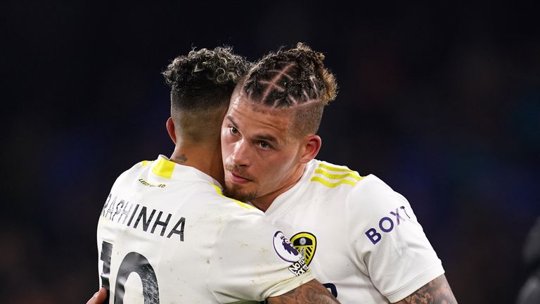 Leeds United's Raphinha (left) and Kalvin Phillips embrace after the Premier League match at Selhurst Park, London. Picture date: Monday April 25, 2022.