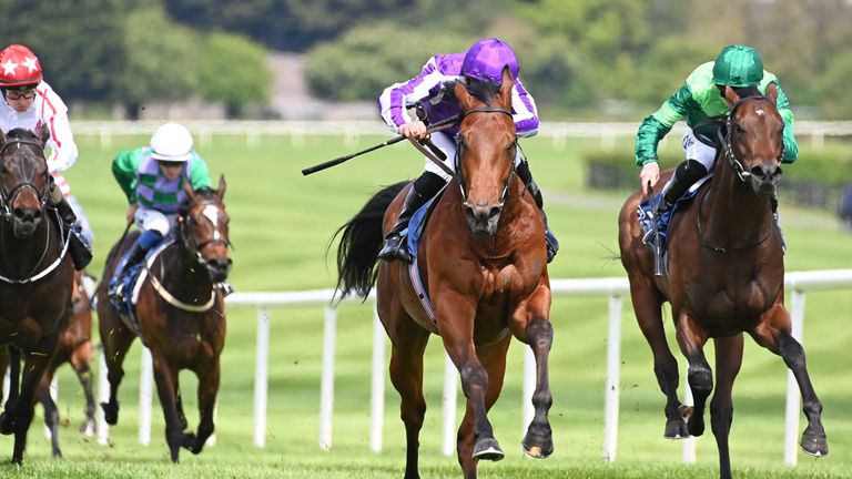 Little Big Bear and Seamie Heffernan (centre) win the Irish Stallion Farms EBF Maiden from Alexis Zorba