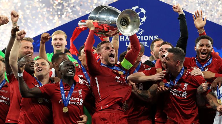 Liverpool captain lifts the Champions League trophy after a 2-0 victory over Tottenham in 2018
