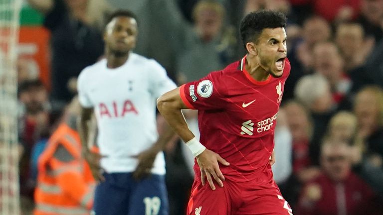 Liverpool's Luis Diaz celebrates after equalizing against Tottenham