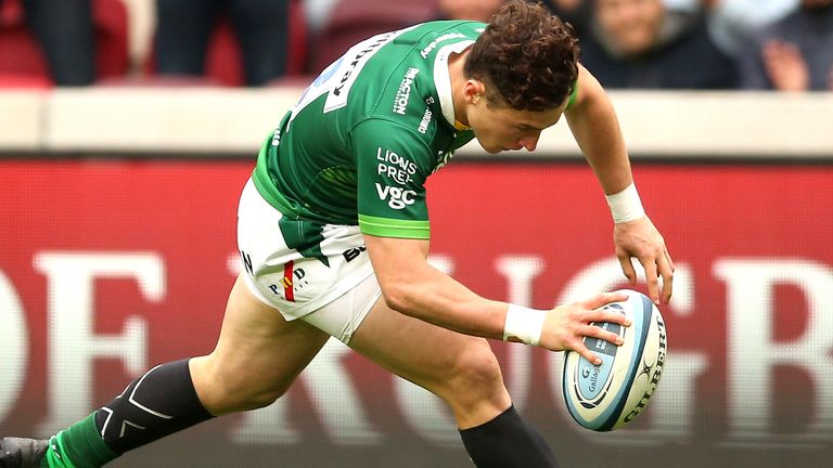 London Irish&#39;s Henry Arundell scores a try against Wasps