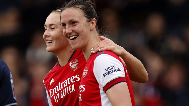 Arsenal&#39;s Lotte Wubben-Moy celebrates with team-mate Catlin Foord after scoring their side&#39;s fifth goal of the game