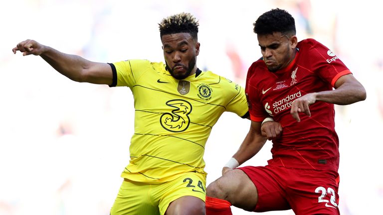 Luis Diaz and Reece James battle for the ball during the FA Cup final between Chelsea and Liverpool