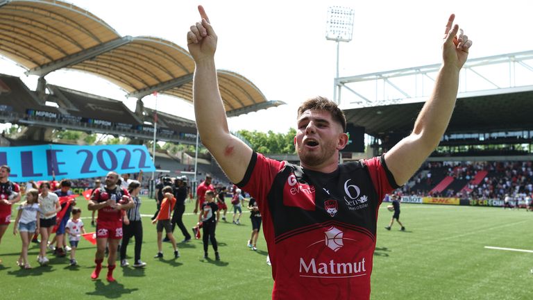 Try scorer Yanis Charcosset celebrates Lyon's victory over Wasps