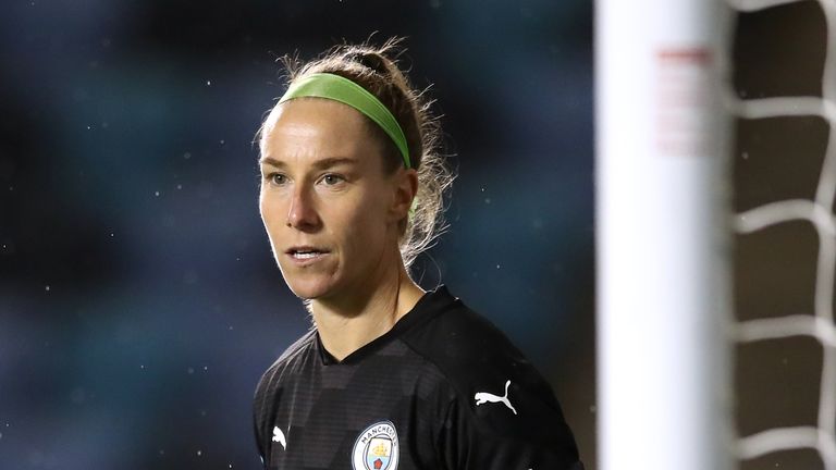 Manchester City women goalkeeper Karen Bardsley during the FA Continental League Cup match at the Academy Stadium.
