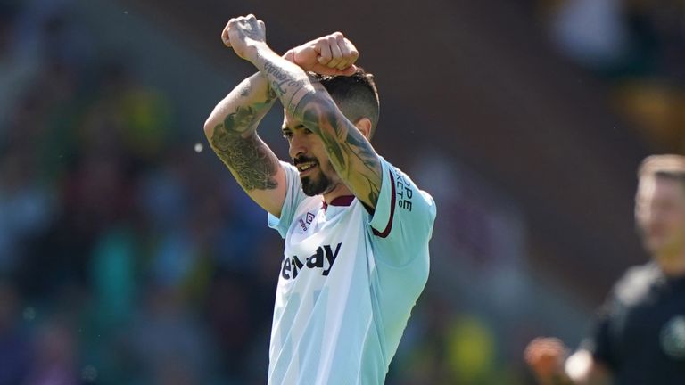 Manuel Lanzini salutes the travelling fans after putting West Ham 4-0 up at Carrow Road