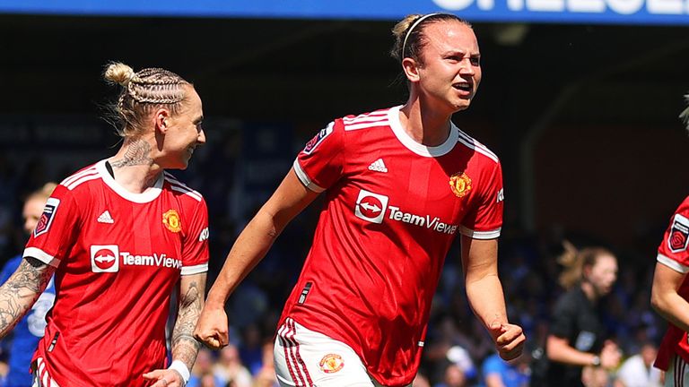 Martha Thomas celebrates after giving Man Utd the lead at Chelsea