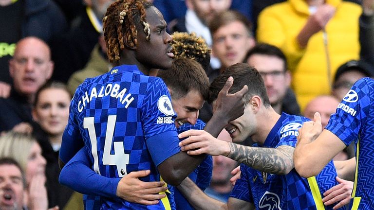 Mason Mount is mobbed his team-mates after opening the scoring for Chelsea at Leeds