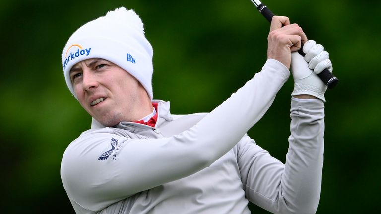 Matt Fitzpatrick, of England, watches his tee shot on the third hole during the final round of the Wells Fargo Championship golf tournament, Sunday, May 8, 2022, at TPC Potomac at Avenel Farm golf club in Potomac, Md. (AP Photo/Nick Wass) 