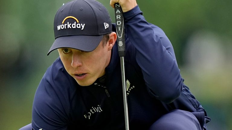 Matt Fitzpatrick, of England, lines up a putt on the sixth hole during the third round of the PGA Championship golf tournament at Southern Hills Country Club, Saturday, May 21, 2022, in Tulsa, Okla. (AP Photo/Eric Gay)