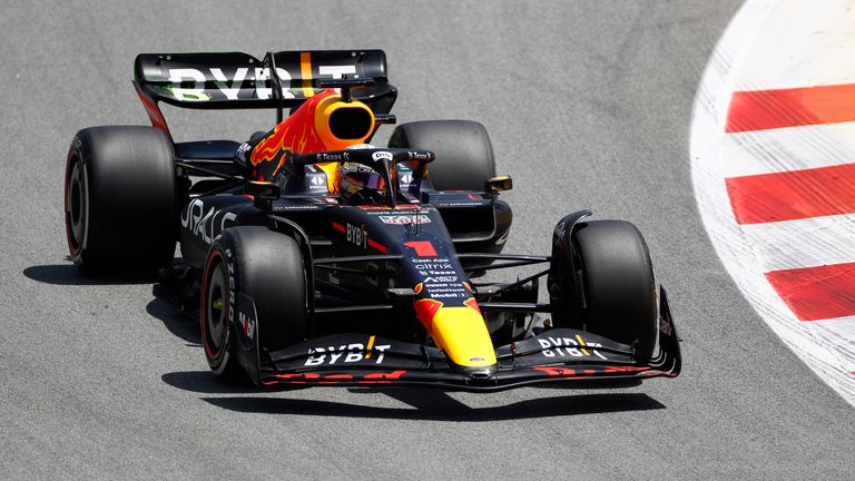 Red Bull driver Max Verstappen of the Netherlands steers his car during practice session at the Barcelona Catalunya racetrack in Montmelo, Spain, Friday, May 20, 2022. The Formula One race will be held on Sunday. (AP Photo/Joan Monfort)