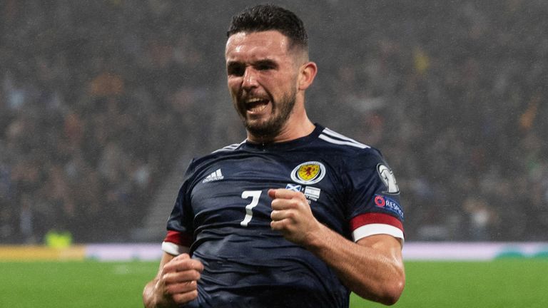 GLASGOW, SCOTLAND - OCTOBER 09: John McGinn celebrates after scoring to make it 1-1 during a FIFA World Cup Qualifier between Scotland and Israel at Hampden Park, on October 09 , 2021, in Glasgow, Scotland. (Photo by Sammy Turner / SNS Group)