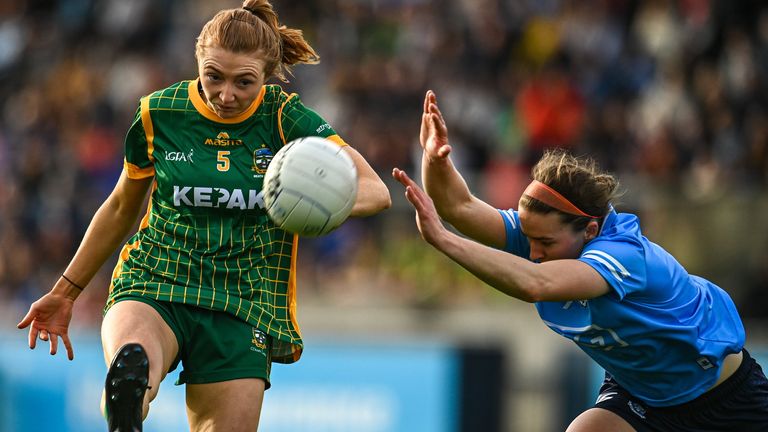 7 May 2022; Aoibheann Leahy of Meath in action against Orlagh Nolan of Dublin during the TG4 Leinster Senior Ladies Football Championship Round 2 match between Dublin and Meath at Parnell Park in Dublin. Photo by Sam Barnes/Sportsfile