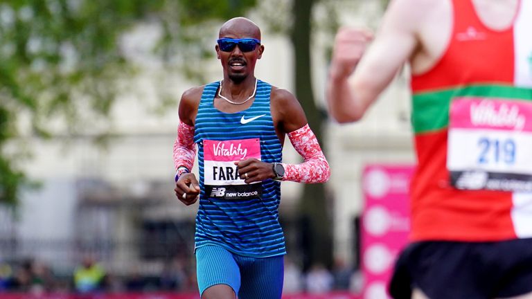Sir Mo Farah crosses the line to finish in second place in the men&#39;s race during the Vitality London 10,000 road race. Picture date: Monday May 2, 2022.