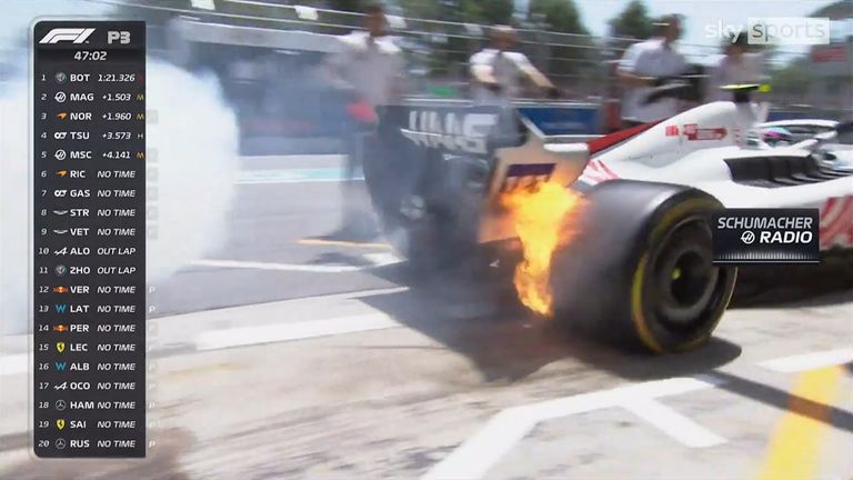 Mick Schumacher&#39;s rear brake caught fire in P3, with his Haas mechanics having to put it out in the pitlane at the Circuit de Catalunya.