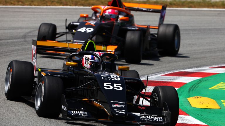Jamie Chadwick of Great Britain and Jenner Racing (55) leads Abbi Pulling of Great Britain and Racing X (49) during the W Series Round 2 race at Circuit de Barcelona-Catalunya on May 21, 2022 in Barcelona, Spain.