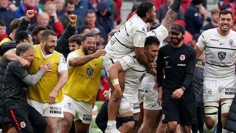 Toulouse celebrate a dramatic shootout win over Munster in their European Champions Cup quarter-final in Dublin 