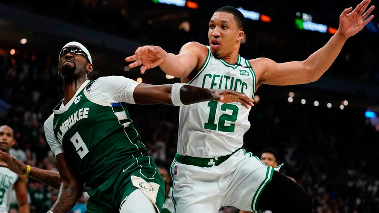 Milwaukee Bucks & # 39;  Bobby Portis and Boston Celtics & # 39;  Grant Williams go after a rebound during the first half of Game 6 of an NBA basketball Eastern Conference semifinals playoff series 