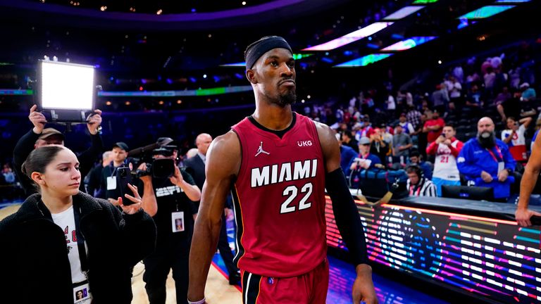 Miami Heat&#39;s Jimmy Butler walks off the court after winning Game 6 of an NBA basketball second-round playoff series against the Philadelphia 76ers, Thursday, May 12, 2022, in Philadelphia. (AP Photo/Matt Slocum)



