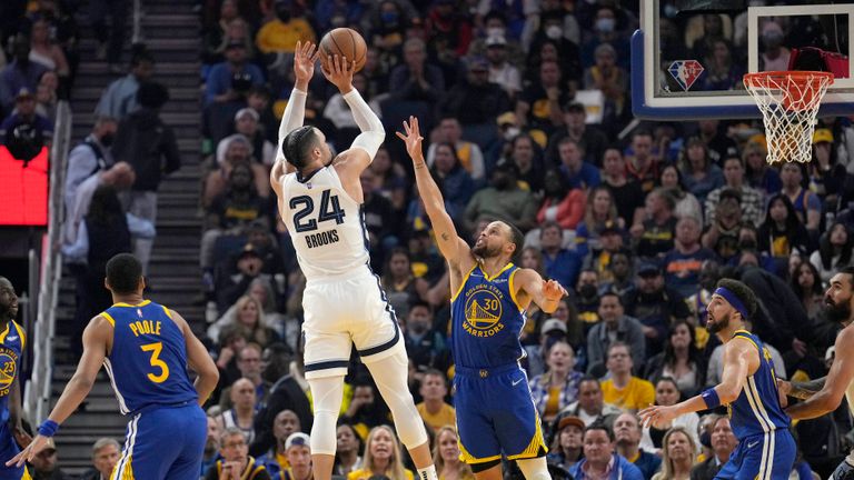 Memphis Grizzlies forward Dillon Brooks (24) shoots over Golden State Warriors guard Stephen Curry (30) during the first half of Game 6 of an NBA basketball Western Conference playoff semifinal in San Francisco