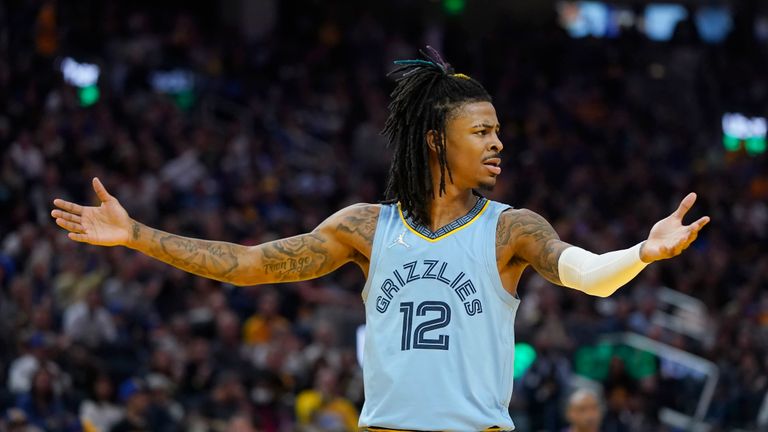 Memphis Grizzlies guard Ja Morant (12) reacts to an official&#39;s call during the second half of Game 3 of the team&#39;s NBA basketball Western Conference playoff semifinal against the Golden State Warriors in San Francisco, Saturday, May 7, 2022.