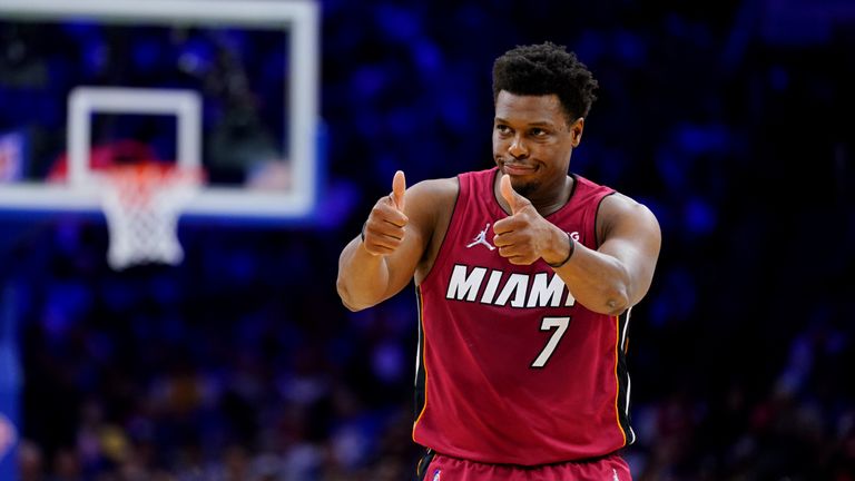 Miami Heat&#39;s Kyle Lowry gestures during the first half of Game 3 of an NBA basketball second-round playoff series against against the Philadelphia 76ers, Friday, May 6, 2022, in Philadelphia. (AP Photo/Matt Slocum)
