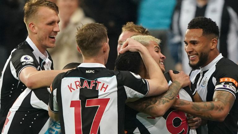 Newcastle United celebrate taking the lead against Arsenal courtesy of Ben White&#39;s own goal 