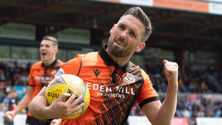 DINGWALL, SCOTLAND - MAY 14: Dundee United's Nicky Clark celebrates his goal during a cinch Premiership match between Ross County and Dundee United at The Global Energy Stadium, on May 14, 2022, in Dingwall, Scotland. (Photo by Paul Devlin / SNS Group)