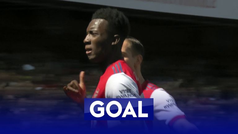 Arsenal's Eddie Nketiah celebrates his second goal against Leeds 