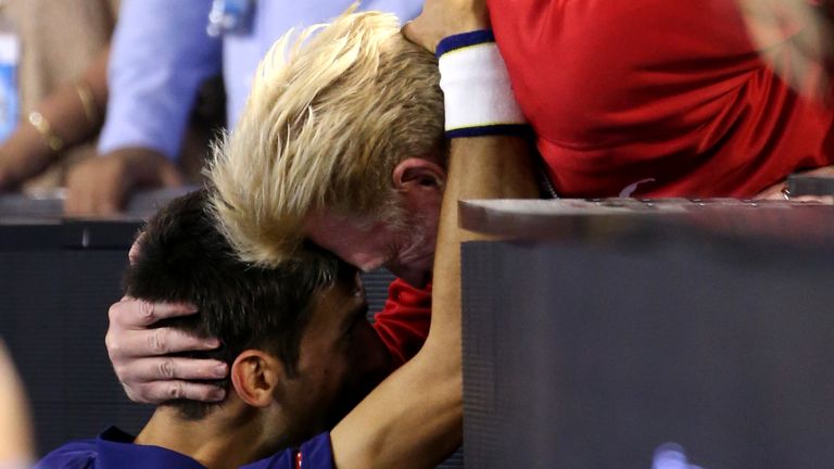 Djokovic celebrates with Becker after defeating Andy Murray in the final of the 2016 Australian Open 