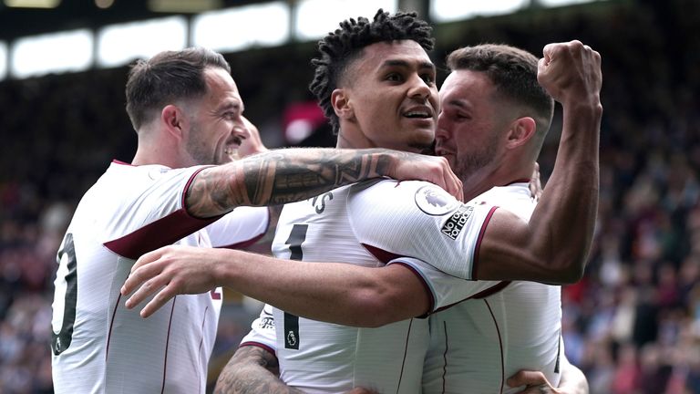 Ollie Watkins celebrates after scoring Aston Villa's third goal at Burnley