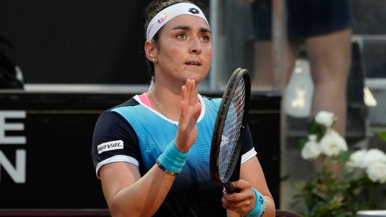 Turkey...s Ons Jabeur celebrates after winning her semifinal match against Russia...s Daria Kasatkina at the Italian Open tennis tournament, in Rome, Saturday, May 14, 2022. (AP Photo/Alessandra Tarantino)  