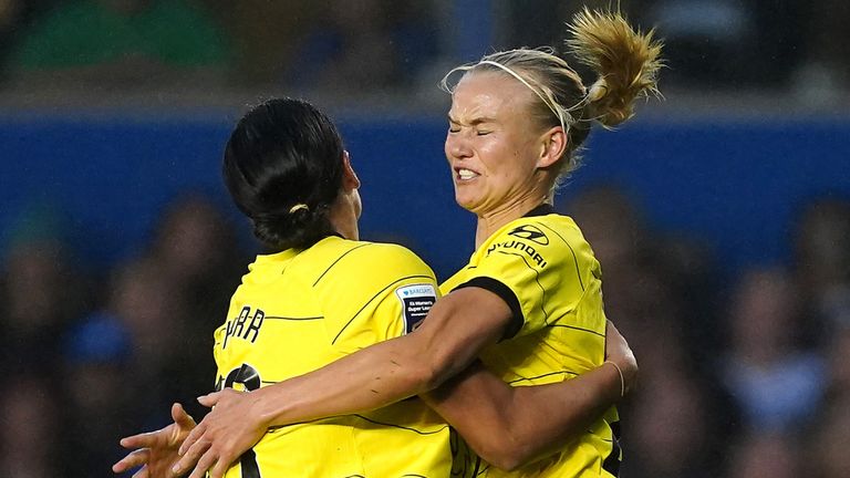 Pernille Harder (right) celebrates scoring from the penalty spot for Chelsea Women vs Birmingham
