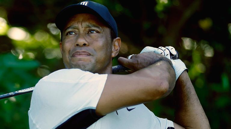 Tiger Woods tees off on the 12th hole during a practice round for the PGA Championship at Southern Hills Country Club Monday, May 16, 2022 in Tulsa, Okla. 