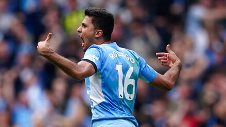 Rodri celebrates after equalising for Man City against Aston Villa