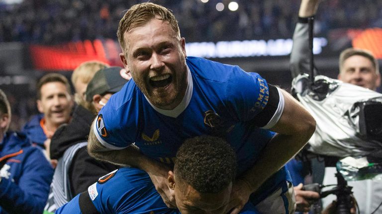 GLASGOW, SCOTLAND - MAY 05: Rangers&#39; James Tavernier and Scott Arfield (R) at full time during a UEFA Europa League Semi-Final match between Rangers and Red Bull Leipzig at Ibrox Stadium, on May 05, 2022, in Glasgow, Scotland. (Photo by Craig Williamson / SNS Group)