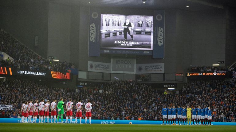 The teams take part in a minute's silence in memory of Jimmy Bell during a UEFA Europa League Semi-Final match between Rangers and RB Leipzig at Ibrox 