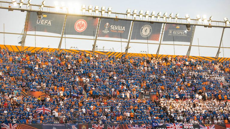 SEVILLE, SPAIN - MAY 18: Rangers fans during the UEFA Europa League Final between Eintracht Frankfurt v Rangers at the Ramon Sanchez Pizjuan Stadium, on May 18, 2022, in Sevilla,  Spain. (Photo by Craig Williamson / SNS Group)