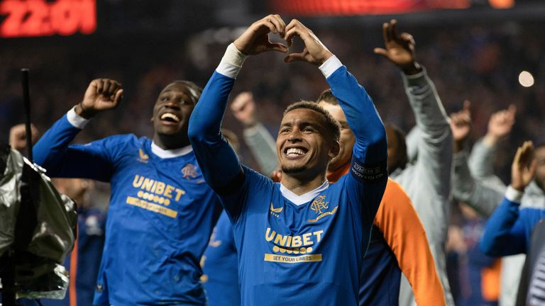 GLASGOW, SCOTLAND - MAY 05: Rangers' James Tavernier at full time during a UEFA Europa League Semi-Final match between Rangers and Red Bull Leipzig at Ibrox Stadium, on May 05, 2022, in Glasgow, Scotland. (Photo by Craig Williamson / SNS Group)