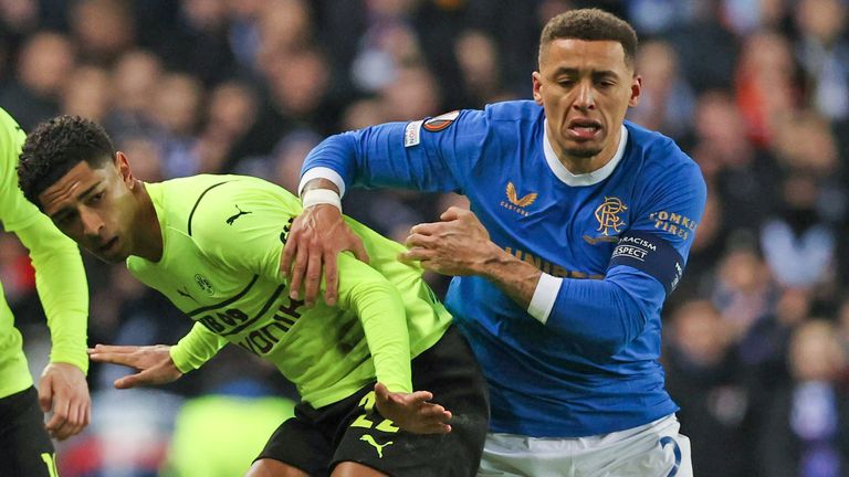 Rangers' James Tavernier against Jude Bellingham 