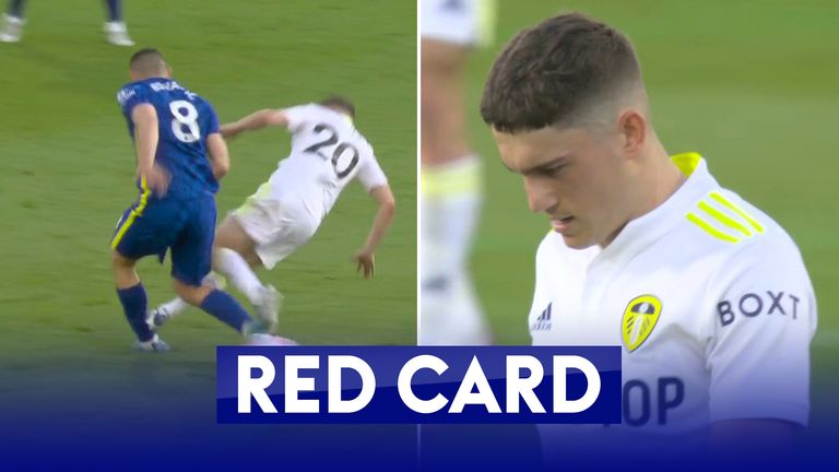 Dan James gets a red card for a challenge on Kovacic