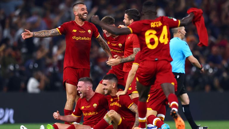 Roma players celebrate their Europa Conference League triumph